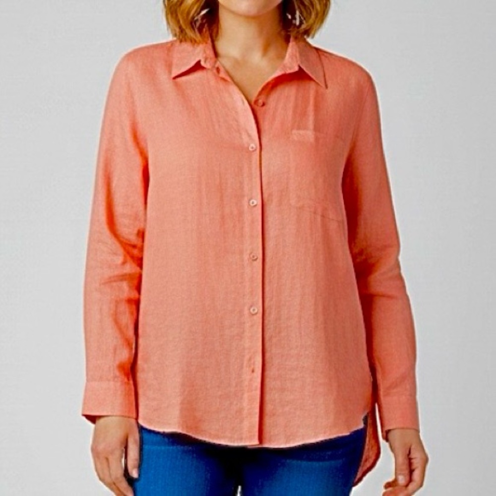 LL Bean Coral Orange Premium Washable Linen Long Sleeve Button‎ Up Shirt Size 1X